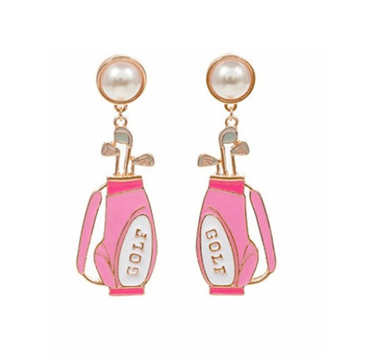 Pink Golf Bag with Pearl Stud Earrings