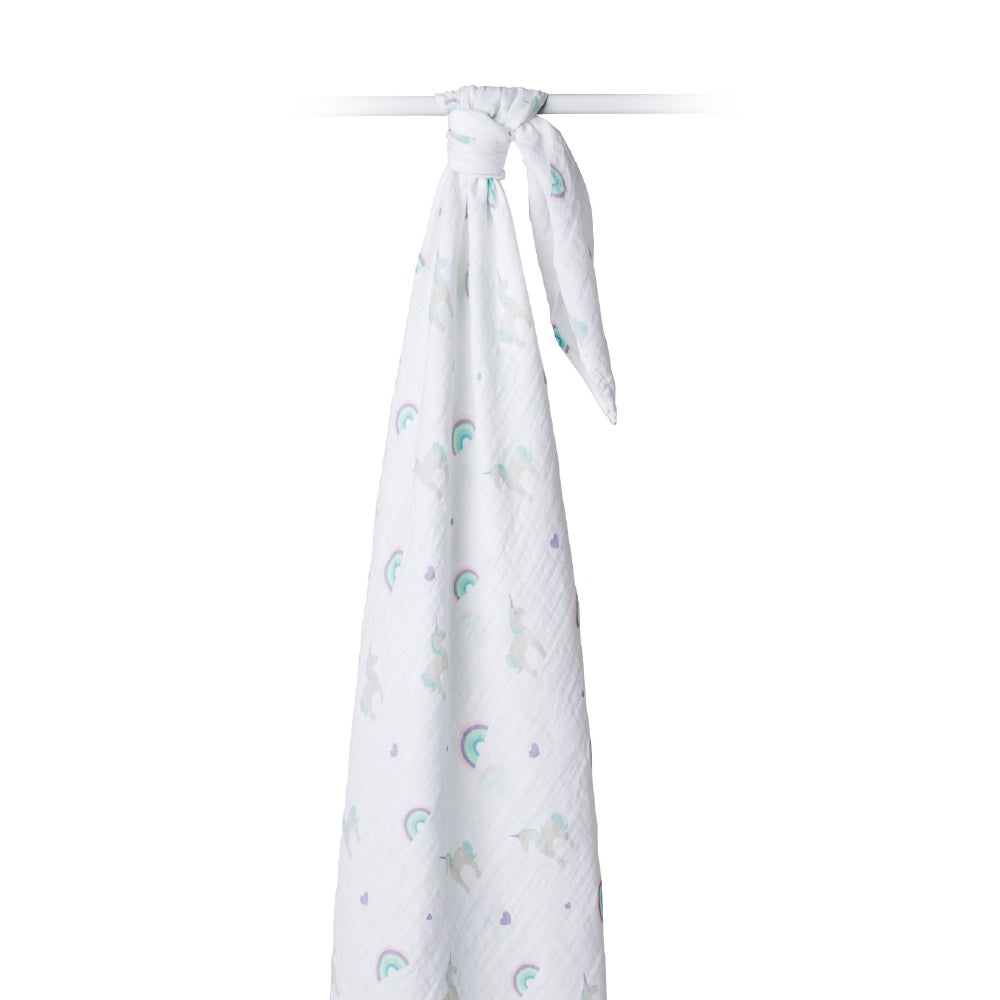 Lulujo Cotton Swaddle - Rainbows and Unicorns - 47x47"