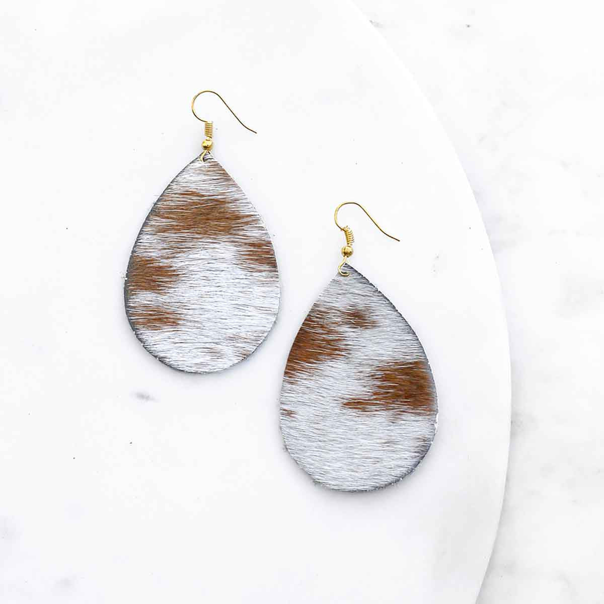 Hide Leather Teardrop Earrings in Tan/White - Ascension Golf Carts, LLC