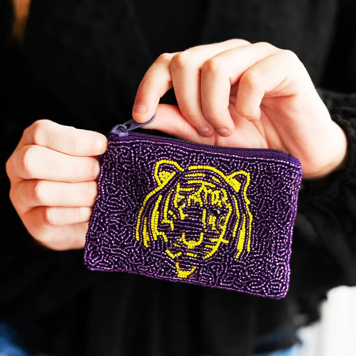 Purple & Yellow Tiger Game Day Beaded Coin Purse - Ascension Golf Carts, LLC